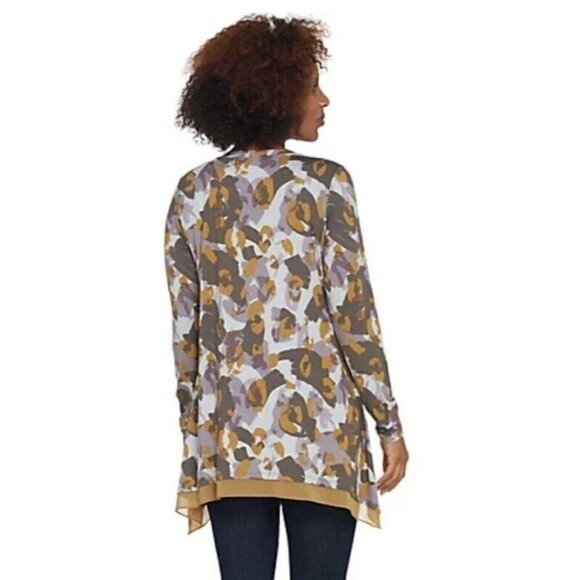 LOGO Lori Goldstein Sz M Fall Colors Print Stretch Jersey Cardigan Top Pockets - Picture 2 of 16